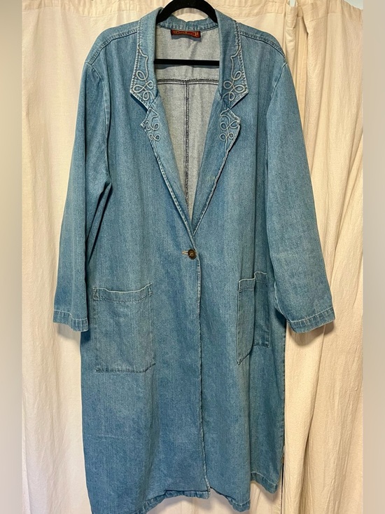 Vintage Jackets & Blazers - Vintage 90s Light Blue Denim Trench Coat- Size XL